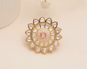Gold Plated Polki Ring for Women | Adjustable Kundan Statement Ring | Indian Ethnic Jewelry | Bridal Cocktail Ring | Festive Gift For Her