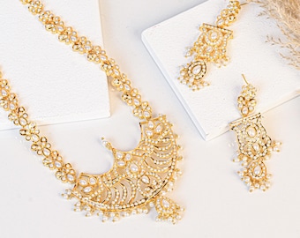 Pearl Long Necklace Haaram | Gold Plated Jewelry | South Indian Style Bridal Necklace & Earrings | Gift For Her | Wedding Necklace Set