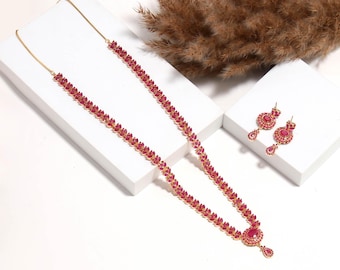 Colar longo com rubi vermelho | Colar tradicional dourado | Joia étnica indiana | Colar marcante para ocasiões especiais | Presente para ela