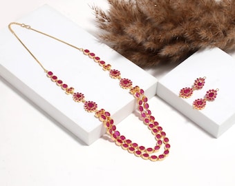 22K Gold Plated Double Layer Ruby Necklace Set | Red Stone Necklace | Indian Bridal Jewelry | Wedding Jewelry Set with Drops |Ethnic Jewelry