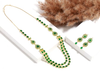 22K Gold Plated Emerald Necklace Set | Double Layer Green Necklace | Indian Bridal Jewelry | Wedding Jewelry Set with Drops |Ethnic Jewelry