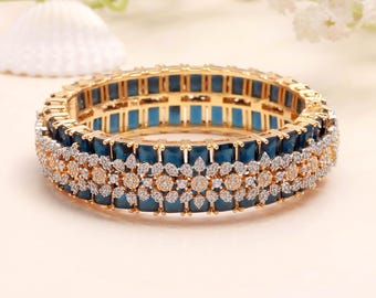 Bracelet jonc CZ saphir bleu plaqué or 22 carats | Bracelet jonc tendance | Bracelet jonc de mariée | Bracelet de mariage | Cadeau pour elle | Bracelet jonc ouvrable | Bracelet jonc pour soirée