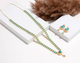 22K Gold Plated Long Turquoise Temple Necklace Set | Teal Stone South Indian Jewelry with Earrings | Wedding Necklace  | Gift For Her