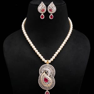 Designer Ruby Pearl Floral Pendant Set | Pear Cut CZ Necklace Earrings | Elegant Wedding Jewelry | Indian Statement Necklace | Gift for Her
