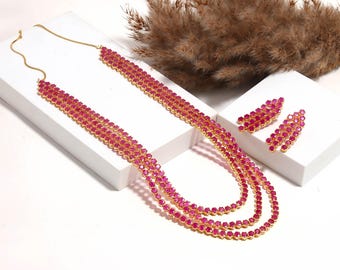3 Layer Ruby Long Necklace | 22K Gold Plated South Indian Haram | Bridal Temple Jewelry| Traditional Wedding Necklace | Gift For Her