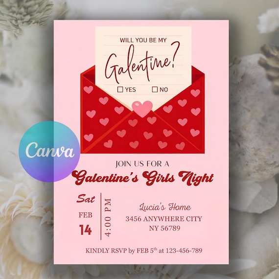 Galentines Girls Night Invitation, Galentines day Invite, Digital Valentine Invite, Friends Valentines Dinner Invite Editable Canva Template