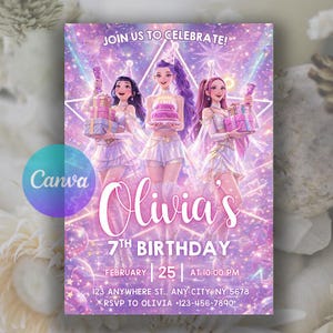 May include: A digital invitation for Olivia's 7th birthday, featuring three animated girls in pastel outfits. The invitation includes the text "Join Us To Celebrate!" and event details: 25th February at 10:00 PM.