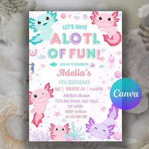 Axolotl Birthday Invitation, Watercolor Axolotl Birthday Invitation, Birthday Girl Party, Axolotl Birthday Party, Editable Canva Template