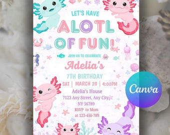 Axolotl Birthday Invitation, Watercolor Axolotl Birthday Invitation, Birthday Girl Party, Axolotl Birthday Party, Editable Canva Template