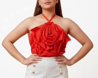 Red 3D Rose Halter Top | Sleeveless Floral Statement Blouse | Boho Summer Wear | Jaipur suits