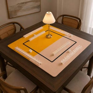 May include: A square mahjong mat featuring a split design of mustard yellow and light beige, bordered by a thin black line. The mat includes four clear acrylic tile racks positioned along the edges and a small lamp centered on the surface.