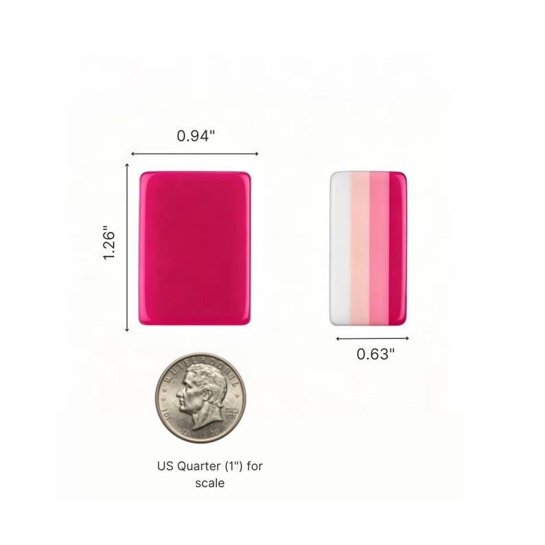 May include: Two rectangular cabochons, one solid magenta and one with vertical stripes of white, light pink, and magenta. The solid piece measures 0.94 inches by 1.26 inches, and the striped piece is 0.63 inches wide. A US quarter is shown for scale.