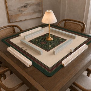 Op de afbeelding: Een vierkante mahjong-tafelmat met een crèmekleurig midden, een donkergroene rand en een centraal bloemmotief in groen- en roodtinten. Vier witte tegelhouders zijn langs de randen geplaatst en een koperen lamp met een geplooide kap staat in het midden.