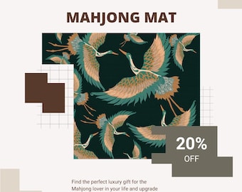 American Mahjong Mat | Crane Bird Botanical Polyester Table Cover | Smooth Fabric Washable Square Playmat