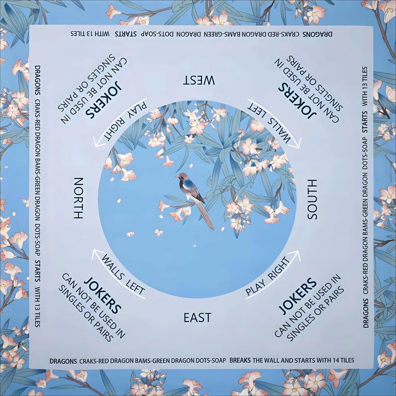 May include: A square Mahjong game mat featuring a light blue background with floral patterns. The center displays a bird on a branch. Text includes cardinal directions, play instructions, and rules regarding jokers, tiles, and wall breaks.