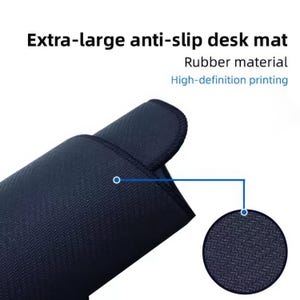 May include: An extra-large anti-slip desk mat made of rubber material with high-definition printing. The mat is dark blue with a visible herringbone texture on the surface, and a circular inset shows a magnified view of the textured pattern.