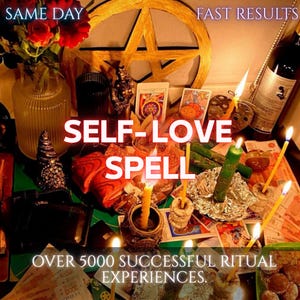Könnte beinhalten: Ein Bild eines Ritualaufbaus mit Kerzen, Tarotkarten und einem Pentagramm. Der Text "SELF-LOVE SPELL" ist prominent dargestellt, mit zusätzlichem Text, der "SAME DAY" und "FAST RESULTS" anzeigt. Die Szene umfasst Blumen, eine Flasche und verschiedene Ritualgegenstände.