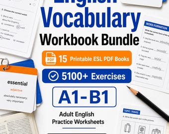 Quaderno di esercizi di vocabolario inglese in PDF, 400 esercizi a completamento, schede di lavoro stampabili per l'apprendimento dell'inglese come seconda lingua (ESL) per adulti, livello A1-B1, download immediato.