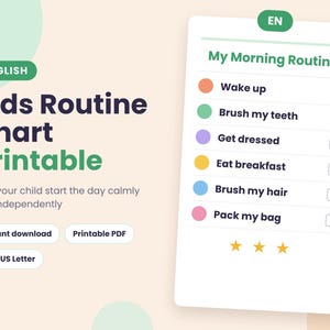 Puede incluir: Una tabla de rutinas imprimible para niños con el texto My Morning Routine y una lista de tareas que incluye Wake up, Brush my teeth, Get dressed, Eat breakfast, Brush my hair y Pack my bag, marcadas con círculos de colores.