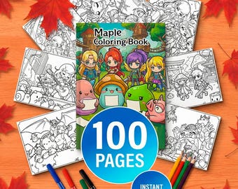 Inspired Maple Story Coloring Book, 100+ Pages / Fantasy RPG Worlds / Maple World merch art gift / Kawaii Cute slime mushroom Chibi Sheets
