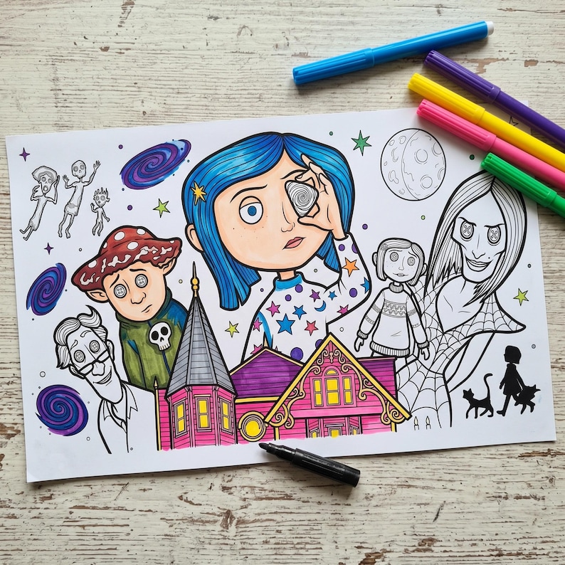 May include: A coloring page featuring a central character with blue hair holding a stone, surrounded by various figures including a person with a mushroom hat, a house, a doll, and a tall figure, with colorful markers placed around the paper.