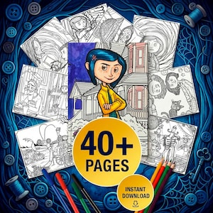 May include: A digital coloring book featuring a central illustration of a character with blue hair in a yellow jacket standing before a house, surrounded by various black and white line art pages, colored pencils, and text stating 40+ PAGES.