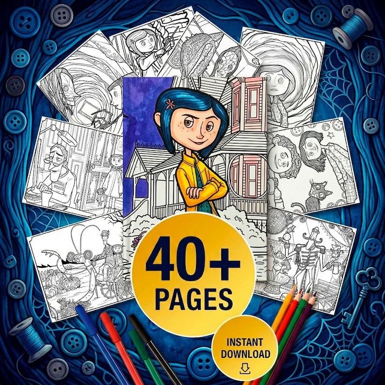 May include: A digital coloring book featuring a central illustration of a character with blue hair in a yellow jacket standing before a house, surrounded by various black and white line art pages, colored pencils, and text stating 40+ PAGES.