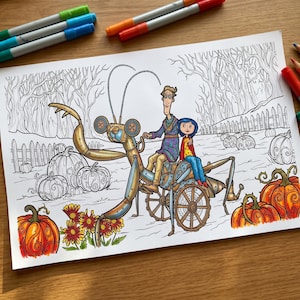 May include: A coloring page featuring a man and a girl riding a large mechanical praying mantis with wheels. The scene includes pumpkins, flowers, and a fence in the background. The characters and some pumpkins are colored, while the rest is line art.