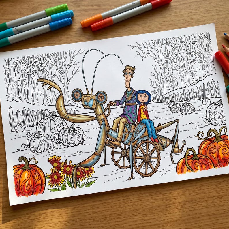 May include: A coloring page featuring a man and a girl riding a large mechanical praying mantis with wheels. The scene includes pumpkins, flowers, and a fence in the background. The characters and some pumpkins are colored, while the rest is line art.