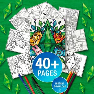 Pode incluir: Uma coleção de páginas para colorir e um caderno com gráficos do jogo The Sims. O caderno tem um design geométrico verde e azul com um coelho rosa, moedas e um rosto sorridente. A imagem inclui o texto "40+ PAGES" e "INSTANT DOWNLOAD".