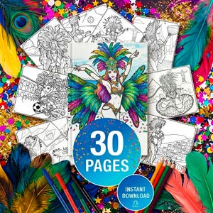 Könnte beinhalten: Eine Sammlung von Malvorlagen und ein Notizbuch mit Illustrationen von Karnevalstänzerinnen. Das Notizbuchcover zeigt eine lebendige Tänzerin mit Federkopfschmuck. Das Bild enthält den Text "30 PAGES" und "SOFORT-DOWNLOAD". Bunte Federn und Konfetti umgeben die Artikel.