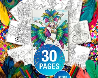 Carnival Coloring book |30 Samba Dancers Costume, Rio de Janeiro Brazil | Caribbean, NottingHill, Tenerife, Barranquila, MardiGras, Trinidad