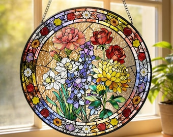 Personalized Birth Month Flower Suncatcher: Mom's Garden Decor, Glass Window Hanging, Mother's Day Gift, Family Memorial Ornament