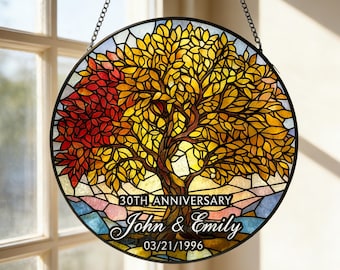 Atrapasol de vitral con forma de árbol de bodas, regalo de aniversario de bodas personalizado, atrapasol con forma de árbol de la vida