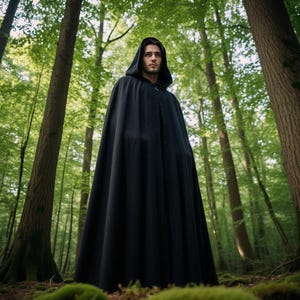 May include: A black hooded cloak with a clasp closure, worn in a forest setting. The cloak is long and flowing, with a deep hood. The background features tall trees and green foliage, creating a mystical atmosphere.