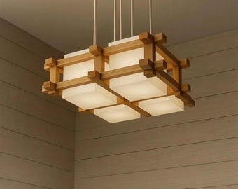 Minimalist Hanging Lamp with 4 Lights Teak Wood