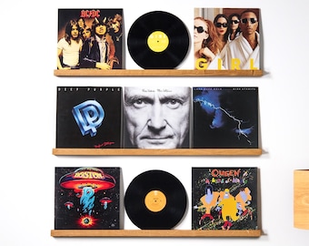Estante expositor de discos de vinilo de madera maciza, moderno soporte para álbumes de madera natural.