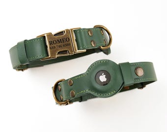 Gepersonaliseerde halsband, AirTag-houder, Capri lederen halsbanden voor huisdieren, hondenaccessoires, messing hardware, GPS-tag hondenhalsband