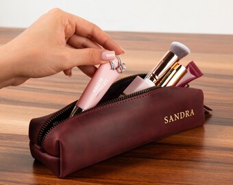 Personalized Leather Makeup Pouch | Cosmetic Bag Organizer