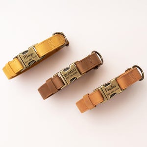 May include: Three leather pet collars in yellow, medium brown, and light tan. Each collar features a brass-toned metal side-release buckle engraved with a name and phone number: Margo 953-2313-5642, ROMEO 619-746-6386, and Peaches 342-437-3234.