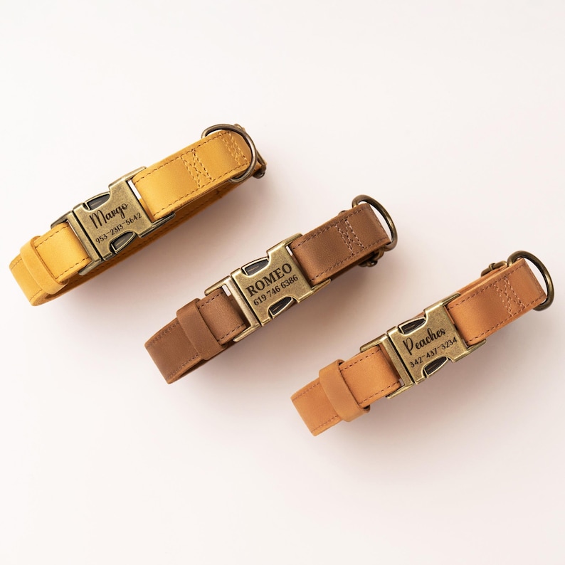 May include: Three leather pet collars in yellow, medium brown, and light tan. Each collar features a brass-toned metal side-release buckle engraved with a name and phone number: Margo 953-2313-5642, ROMEO 619-746-6386, and Peaches 342-437-3234.