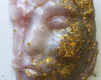 Pink and Gold - Asleep  No.2 - Resin Figurative Wall Sculpture Wall Art, Woman in a Shroud with Gold Glitter, One of a kind Hand Made Art