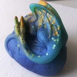 Sleeping Baby Dragon, With Gold and Stars, Art Sculpture - Cute Bookcase Ornament, Goth Statue, D&D Prop, Wizard Friend, One of a Kind