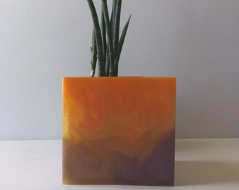 Cosmic Dune Square Planter - Hand Cast Resin Pot - One of a Kind Functional Art -Purple, Yellow, Orange, One of a Kind, Hand Made by Artist