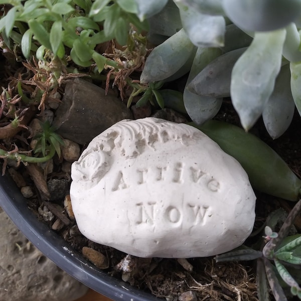 Arrive Now -Zen Word Stones - Cast Concrete Ornament - For Plant Decoration, Garden Art, Gift for the Gardener, Meditation Room, Mindfulness