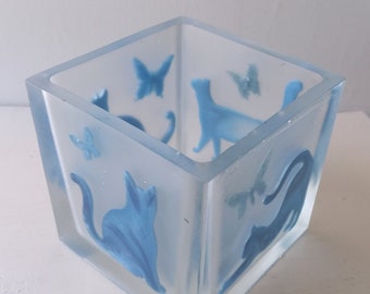 Blue Butterflies and Cats - Square Vase, Lantern, Planter, Pot, Pen Holder