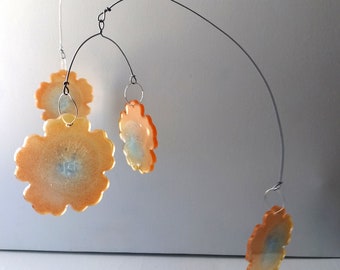Misty Poppies Mobile - One of a Kind Hanging Wire and Resin Mobile Sculpture, Hand Made Unique Sculpture, Kinetic Art, Moving Mobile, Orange