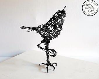 HILLE - Original Wire Bird Sculpture Standing on One Foot, Completely Handmade and One of a Kind, Single Strand of Wire, Black Bird Statue