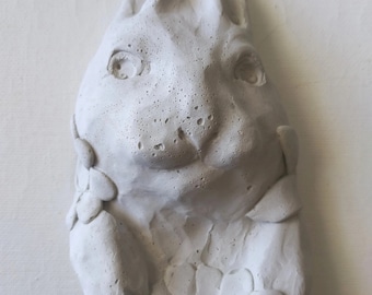Second- Rabbit With Flowers No. 8 Wall Art - Ring Holder, Concrete Hanging Sculpture, Hand Made by Artist, Unique Bunny Lover Gift, Cement