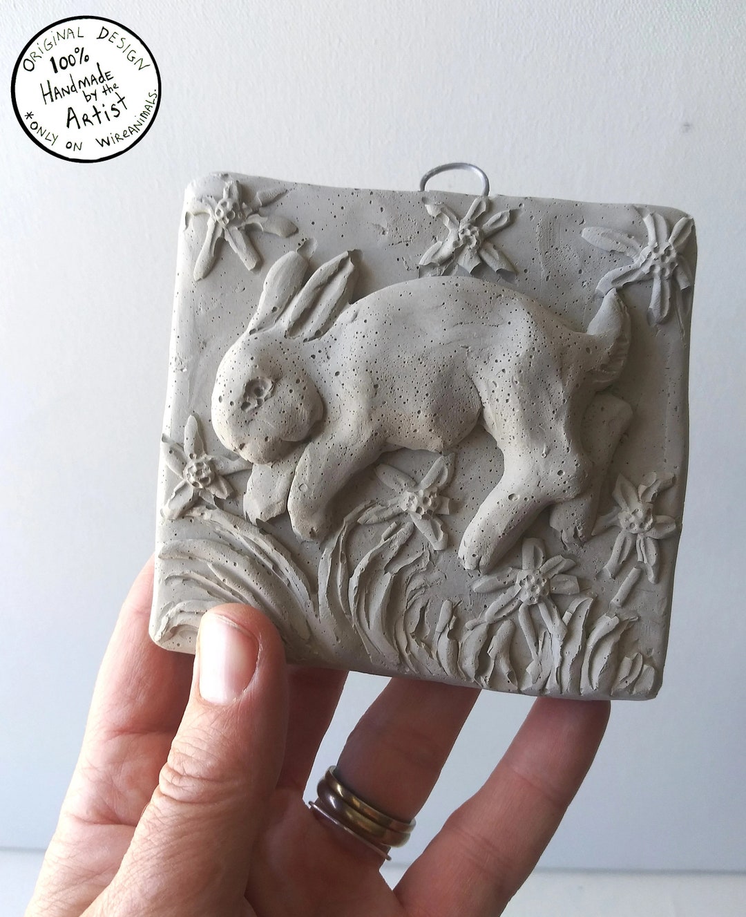 Leaping Rabbit Tile No. 5 - Concrete Hanging Sculpture, Rabbit Wall Art ...